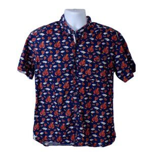 Sunrise Kingdom Navy Blue Lobster Fish Design Short Sleeve Button Down L #521